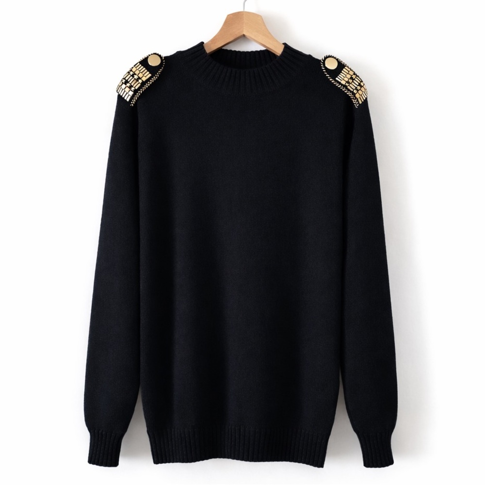 St. John Collection by Marie Gray Black Knit Sweater Gold Military Shoulder Sz M